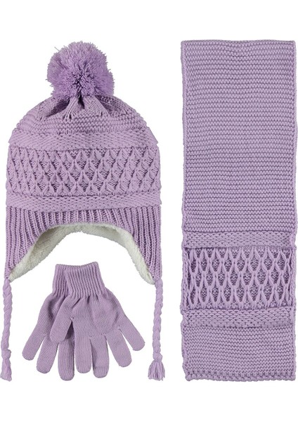 Kız Çocuk Atkı Bere Eldiven Seti 10-13 Yaş Lila