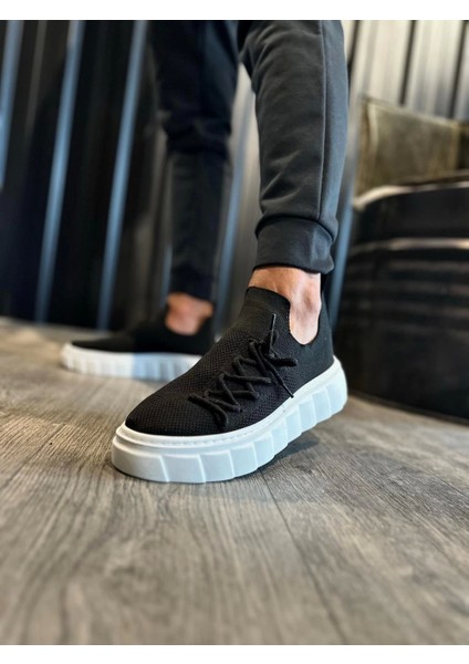 Bağcık Detaylı Triko Tasarımlı Yüksek Taban Siyah Beyaz Erkek Sneaker Ayakkabı