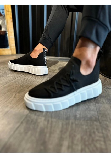 Bağcık Detaylı Triko Tasarımlı Yüksek Taban Siyah Beyaz Erkek Sneaker Ayakkabı