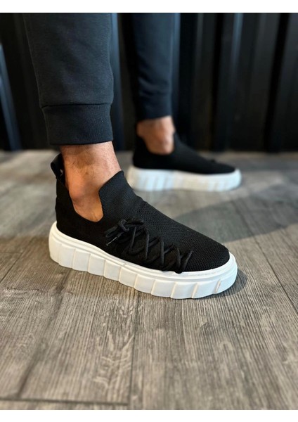 Bağcık Detaylı Triko Tasarımlı Yüksek Taban Siyah Beyaz Erkek Sneaker Ayakkabı