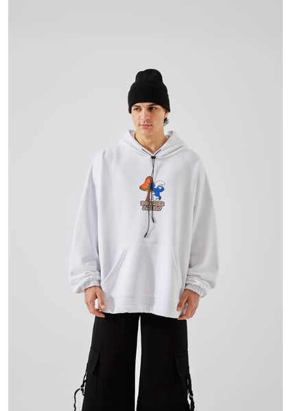 Boomer Smurf Baskılı Beyaz Oversize Hoodie