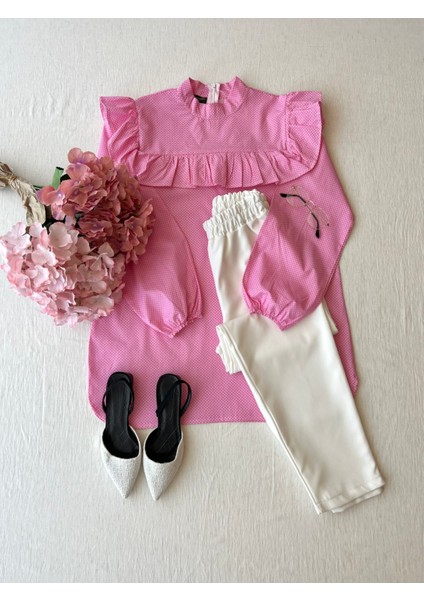 Küçüğüm Butik Pembe Puantiyeli Fırfırlı Poplin Tunik