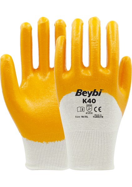 K40 Nitril PMK 10 Beden Nitril Kaplı Pamuk Eldiven 12li Paket (EN388 Değeri;4121X)