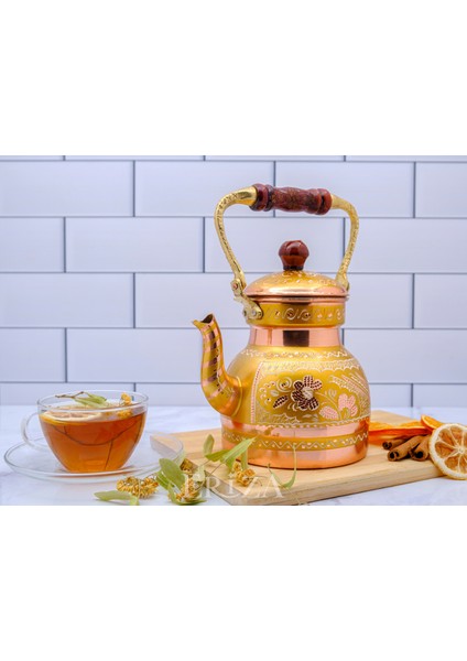1,3 Litre El Işlemeli Nostaljik Tekli Kalaylı Bakır Demlik, Çaydanlık, Su Isıtıcısı