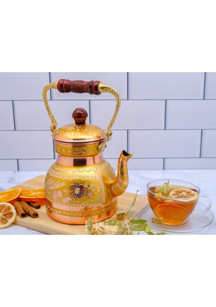 1,3 Litre El Işlemeli Nostaljik Tekli Kalaylı Bakır Demlik, Çaydanlık, Su Isıtıcısı