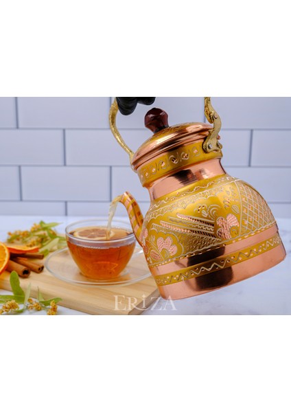 1,3 Litre El Işlemeli Nostaljik Tekli Kalaylı Bakır Demlik, Çaydanlık, Su Isıtıcısı