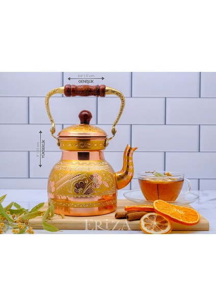 1,3 Litre El Işlemeli Nostaljik Tekli Kalaylı Bakır Demlik, Çaydanlık, Su Isıtıcısı