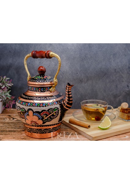 1,9 Litre El Işlemeli Nostaljik Tekli Kalaylı Bakır Demlik, Çaydanlık, Su Isıtıcısı