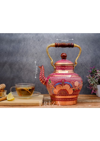 1,9 Litre El Işlemeli Nostaljik Tekli Kalaylı Bakır Demlik, Çaydanlık, Su Isıtıcısı