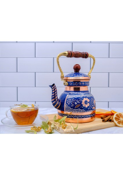 1,3 Litre El Işlemeli Nostaljik Tekli Kalaylı Bakır Demlik, Çaydanlık, Su Isıtıcısı