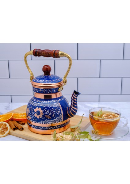 1,3 Litre El Işlemeli Nostaljik Tekli Kalaylı Bakır Demlik, Çaydanlık, Su Isıtıcısı