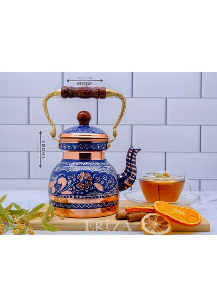 1,3 Litre El Işlemeli Nostaljik Tekli Kalaylı Bakır Demlik, Çaydanlık, Su Isıtıcısı