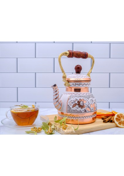 1,3 Litre El Işlemeli Nostaljik Tekli Kalaylı Bakır Demlik, Çaydanlık, Su Isıtıcısı