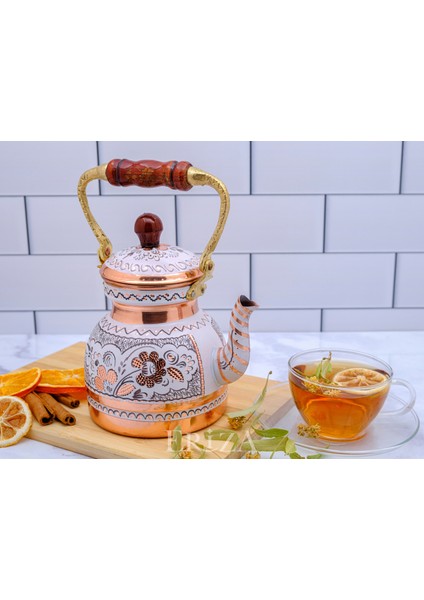 1,3 Litre El Işlemeli Nostaljik Tekli Kalaylı Bakır Demlik, Çaydanlık, Su Isıtıcısı