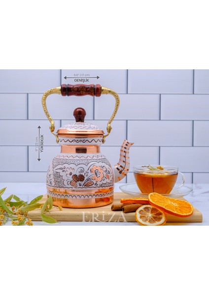 1,3 Litre El Işlemeli Nostaljik Tekli Kalaylı Bakır Demlik, Çaydanlık, Su Isıtıcısı
