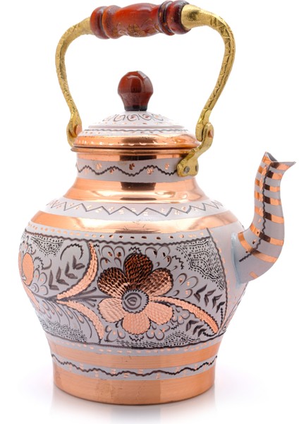 1,9 Litre El Işlemeli Nostaljik Tekli Kalaylı Bakır Demlik, Çaydanlık, Su Isıtıcısı