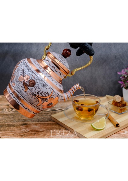 1,9 Litre El Işlemeli Nostaljik Tekli Kalaylı Bakır Demlik, Çaydanlık, Su Isıtıcısı