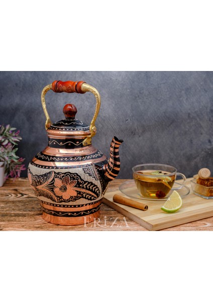 1,9 Litre El Işlemeli Nostaljik Tekli Kalaylı Bakır Demlik, Çaydanlık, Su Isıtıcısı