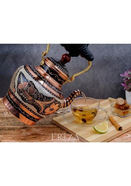 1,9 Litre El Işlemeli Nostaljik Tekli Kalaylı Bakır Demlik, Çaydanlık, Su Isıtıcısı