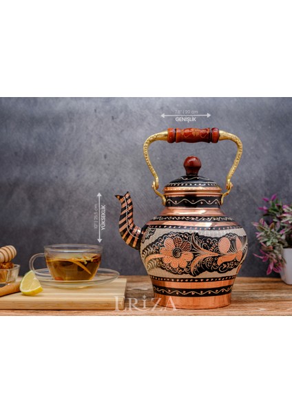 1,9 Litre El Işlemeli Nostaljik Tekli Kalaylı Bakır Demlik, Çaydanlık, Su Isıtıcısı