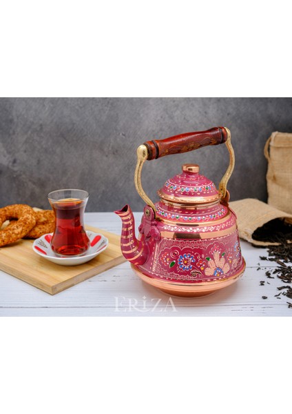 3,2 Litre El Işlemeli Nostaljik Tekli Kalaylı Dövme Bakır Demlik, Çaydanlık, Su Isıtıcısı