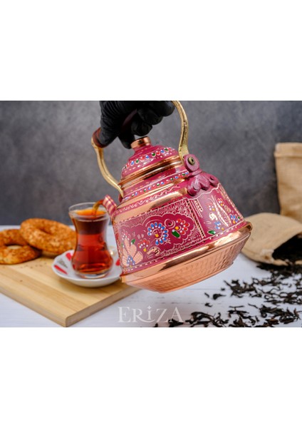 3,2 Litre El Işlemeli Nostaljik Tekli Kalaylı Dövme Bakır Demlik, Çaydanlık, Su Isıtıcısı