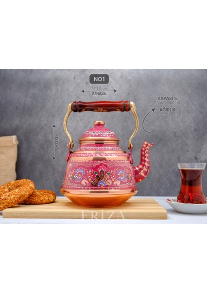 3,2 Litre El Işlemeli Nostaljik Tekli Kalaylı Dövme Bakır Demlik, Çaydanlık, Su Isıtıcısı