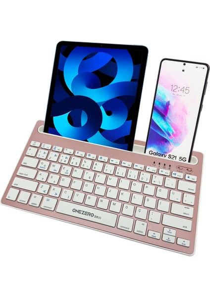 Onezero Bluetooth Klavye Multi Fonksiyonel Kablosuz Klavye 2 Cihaza Geçişi iPad Tablet Akıllı Telefon MacBook Android Ios Windows Için Entegre Stand Tutuculu Rose Gold Türkçe Klavye ZR20