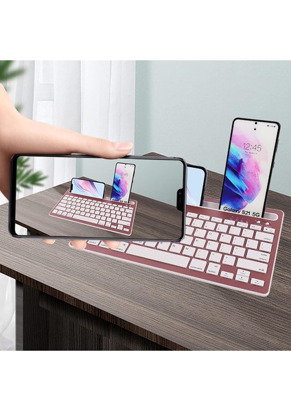 Onezero Bluetooth Klavye Multi Fonksiyonel Kablosuz Klavye 2 Cihaza Geçişi iPad Tablet Akıllı Telefon MacBook Android Ios Windows Için Entegre Stand Tutuculu Rose Gold Türkçe Klavye ZR20