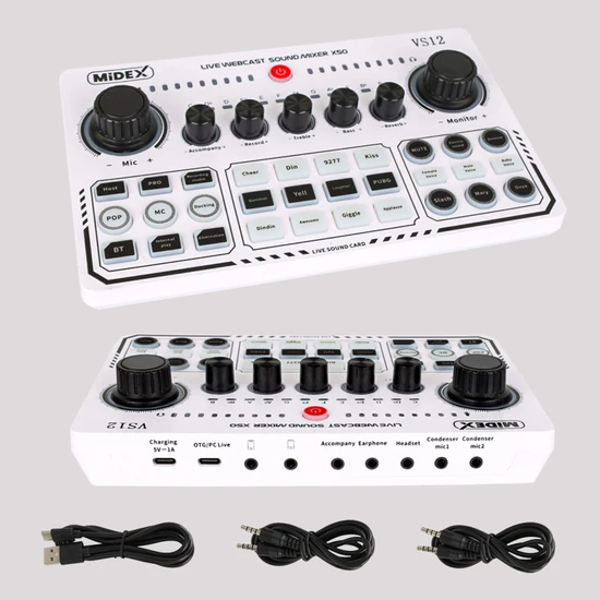 Midex VS12 Stüdyo Kayıt Canlı Yayın Şarjlı Ses Kartı Efektli Radyo Mikseri