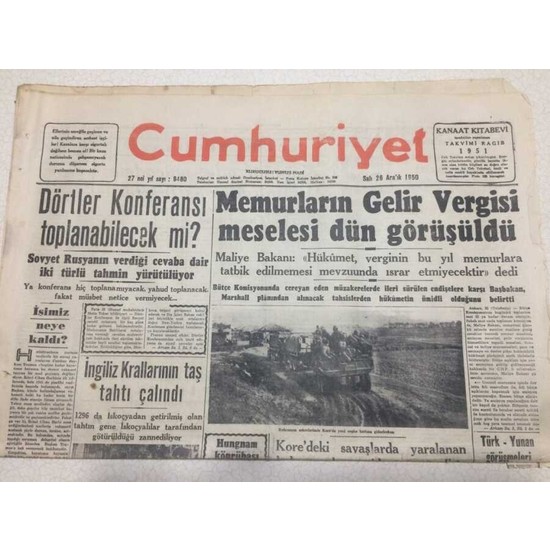 Cumhuriyet Gazetesi 26 Aralık 1950 Memurların Gelir Fiyatı