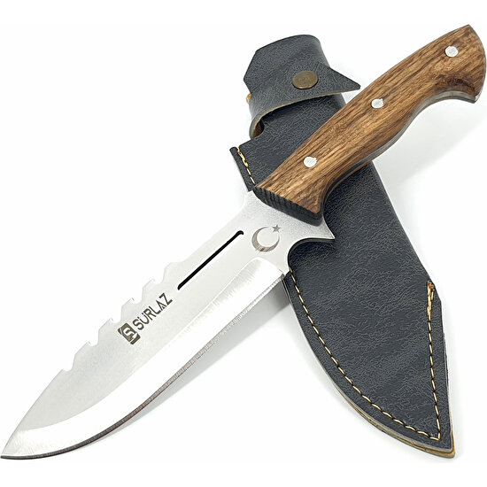 SürLaz Kamp Bıçağı Outdoor Bıçak Deri Kılıflı Dövme El Yapımı Kampçı Bıçağı Ceviz Sap