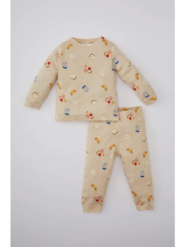 DeFacto Erkek Bebek Yiyecek Baskılı Uzun Kollu Waffle Pijama Takımı C0730A524SP