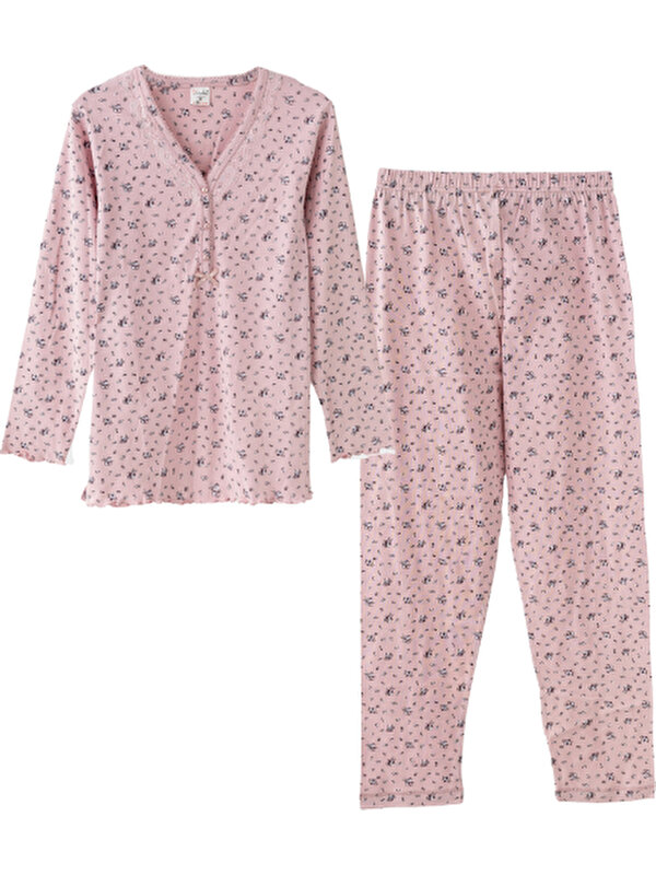 Angelina Kadın Uzunkol Ribana Pamuklu Kışlık Kalın Rahat Pijama Takımı 6761