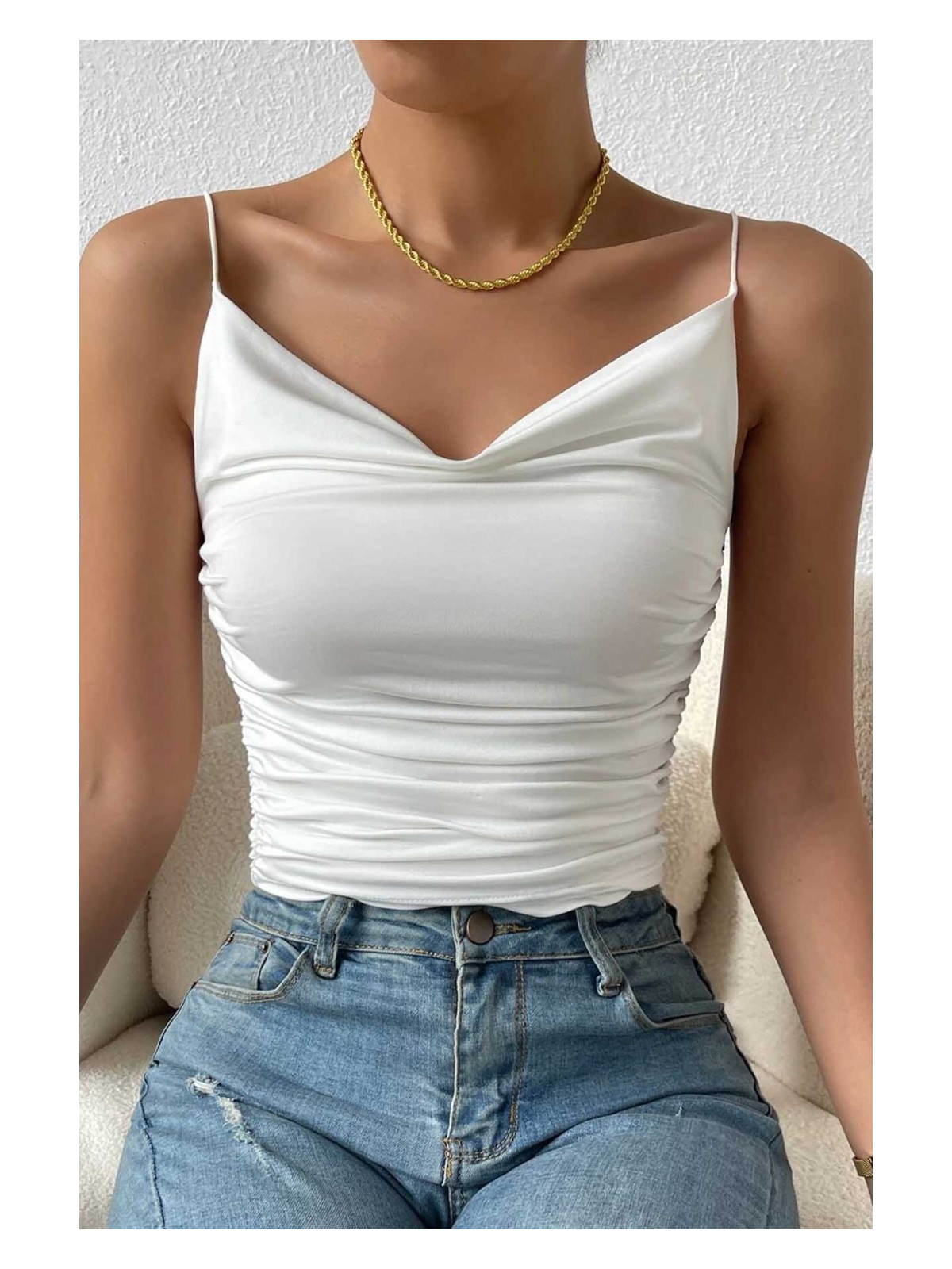 Merry See Kadın Kolsuz Askılı Degaje Yaka Bluz Crop - Görsel 3