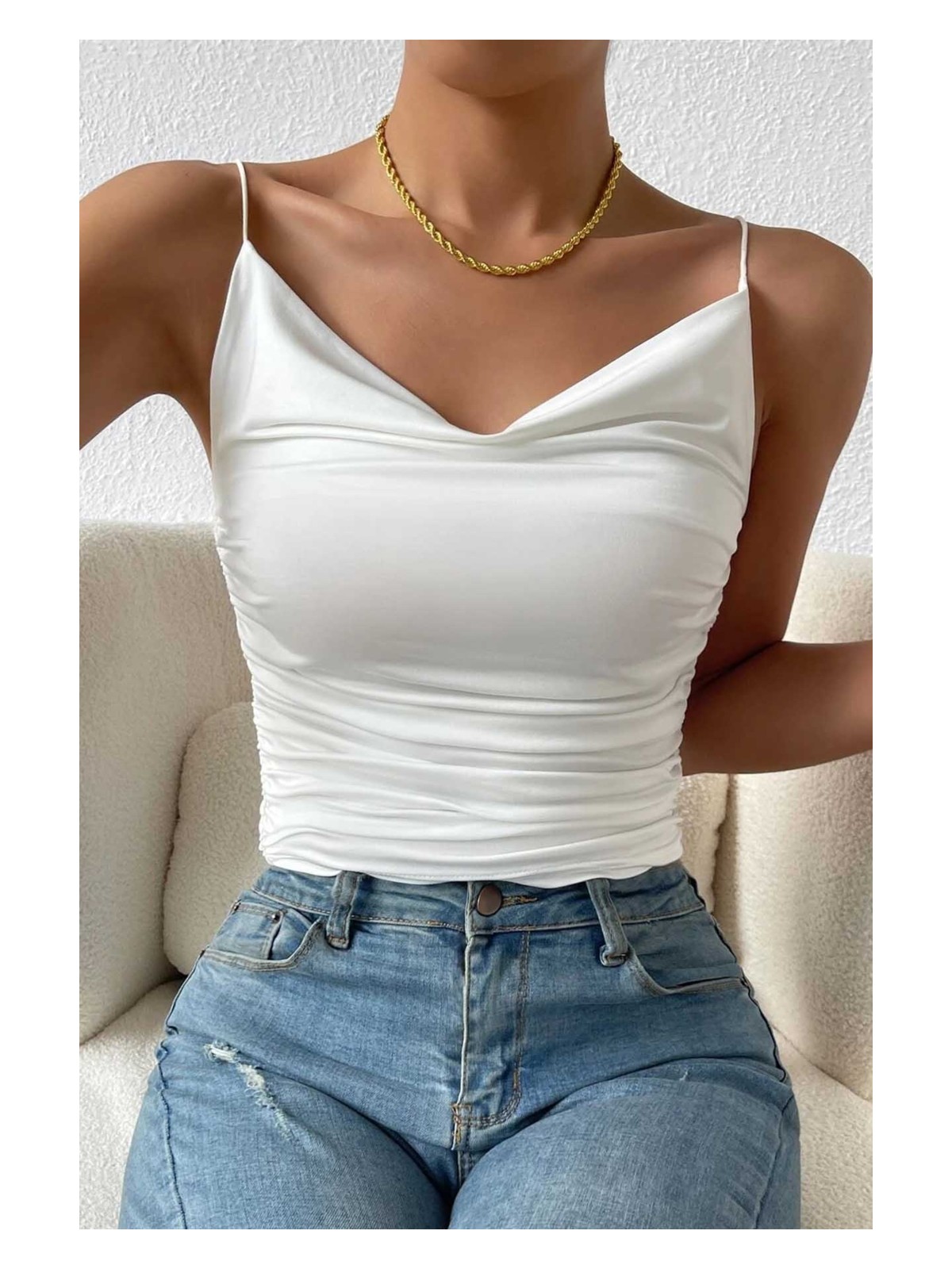 Merry See Kadın Kolsuz Askılı Degaje Yaka Bluz Crop - Görsel 4