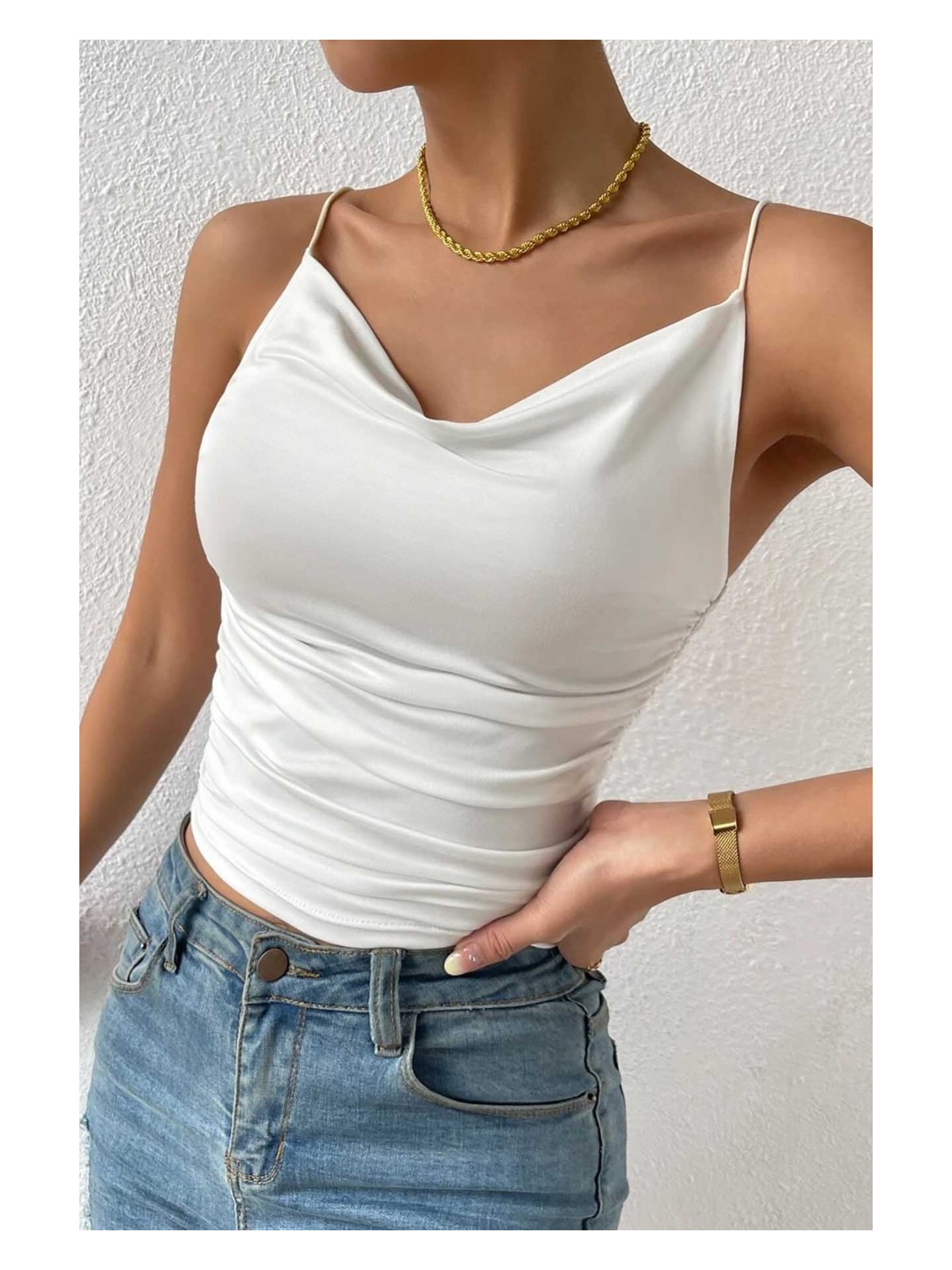 Merry See Kadın Kolsuz Askılı Degaje Yaka Bluz Crop - Görsel 5