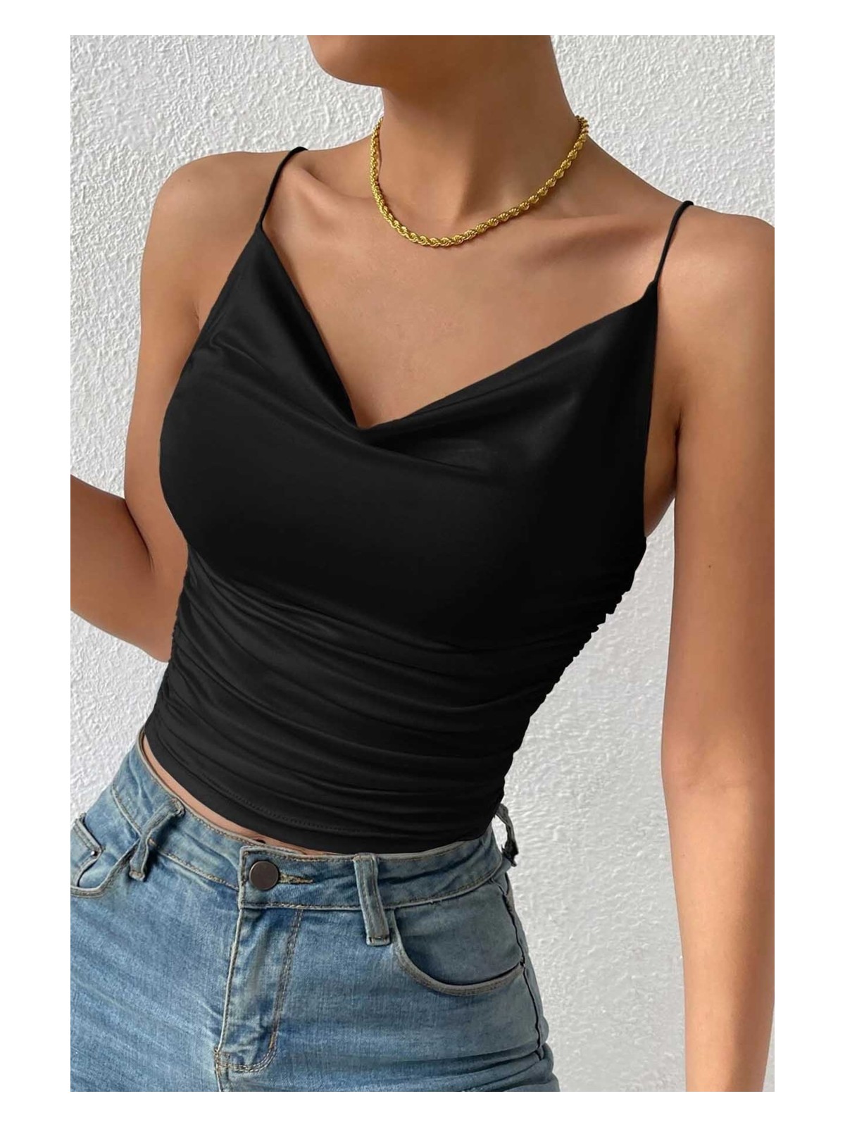 Merry See Kadın Kolsuz Askılı Degaje Yaka Bluz Crop - Görsel 3