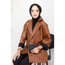 Hafsa Mina Oversize Deri Ceket Taba HM2338