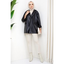 Hafsa Mina Oversize Deri Ceket Siyah HM2338