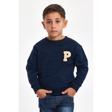 Mrs & Kids 3D Nakışlı Lacivert Yünlü ve Pamuk Kışlık Bisiklet Yaka Çocuk Erkek Sweatshirt