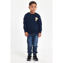 Mrs & Kids 3D Nakışlı Lacivert Yünlü ve Pamuk Kışlık Bisiklet Yaka Çocuk Erkek Sweatshirt