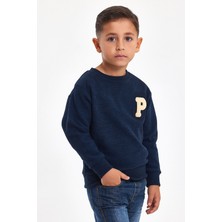 Mrs & Kids 3D Nakışlı Lacivert Yünlü ve Pamuk Kışlık Bisiklet Yaka Çocuk Erkek Sweatshirt