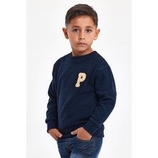 Mrs & Kids 3D Nakışlı Lacivert Yünlü ve Pamuk Kışlık Bisiklet Yaka Çocuk Erkek Sweatshirt