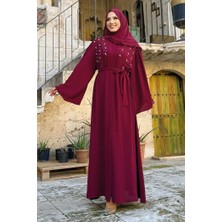 Bym Fashion Taşlı Boncuklu İşleme Detaylı Ferace 7882 Bordo