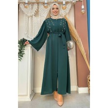 Bym Fashion Taşlı Boncuklu İşleme Detaylı Ferace 7882 Zümrüt