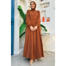 Bym Fashion Kol Manşetleri Büzgülü Elbise 6004 Taba