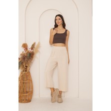 Darlin Moda Bej Yüksek Bel Bol Paça Pantolon DM3003