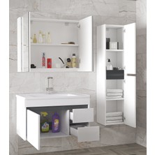 Alfa Banyo Viosen-Ea Beyaz 80+35 cm Mdf-Aynalı Boy Dolaplı-Seramik Lavabolu Banyo Dolabı Takımı-(Demonte Değil)