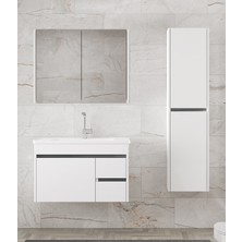 Alfa Banyo Viosen-Ea Beyaz 80+35 cm Mdf-Aynalı Boy Dolaplı-Seramik Lavabolu Banyo Dolabı Takımı-(Demonte Değil)